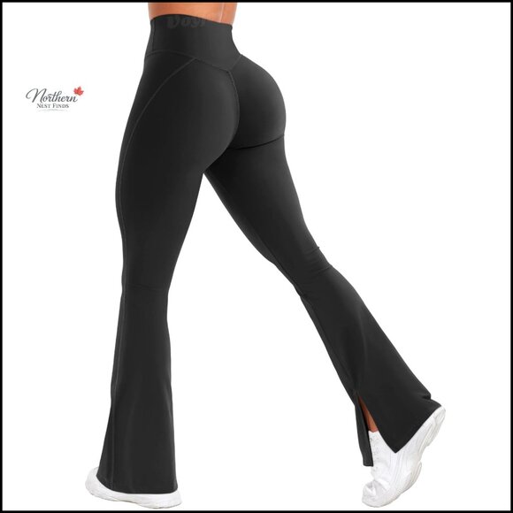 Pants - High Waist Split Hem Flared Leggings, 70% Nylon 30% Spandex, Yoga Gym Workout